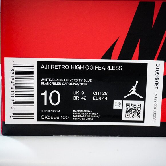 AJ1 RETRO HIGH OG FEARLESS WHITE/BLACK-UNIVERSITY BLUE CK5666 100 Size 10 main image 5